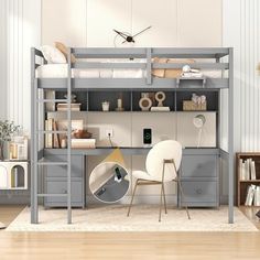 a loft bed with desk underneath it in a room filled with furniture and bookshelves