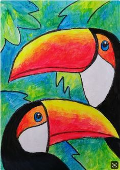 a drawing of two colorful toucans with leaves in the background and one has blue eyes