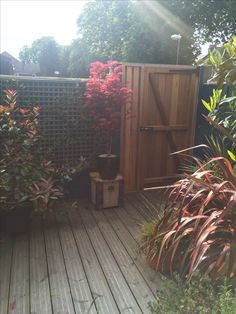 a wooden fence and some plants on a deck in front of a gated area