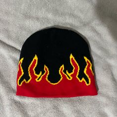 Flame Beanie Fire Cap Black And Red Never Worn Red Beanie For Streetwear, Flame Beanie, Black Red, Accessories Hats, Black And Red, Mens Accessories, Man Shop, Hats, Red