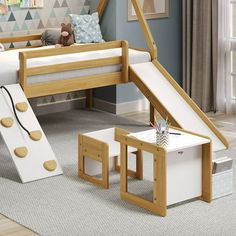 a child's bedroom with a slide and bunk bed