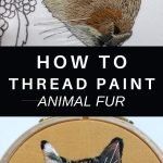 a cat is sitting in front of a cross stitch pattern with the words how to thread paint animal fur