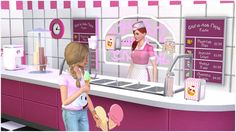 two girls are standing in front of a pink ice cream shop and talking to each other