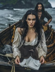 a woman in a white dress standing next to a man in a boat on the water