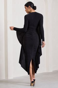 Taking occasion dressing from 0 to 100. our Keva maxi dress is the statement showpiece you've been looking for. Crafted in a premium. ultra-stretch. jersey and double lined for ultimate comfort and modesty. this LBD is a must. With ruching through the full body and long sleeves. this dress will flatter all body shapes. The dreamy cascading sleeve detailing is the perfect blend of elegance and high-fashion... need we say more?Features- High neckline- Bodycon fit- Long sleeves with cape detailing- Stretch Ruched Maxi Dress For Cocktail, Black Maxi Dress With Draped Sleeves For Formal Events, Black Maxi Dress With Draped Sleeves For Formal Occasions, Fitted Maxi Dress With Draped Sleeves For Party, Ruched Backless Maxi Dress For Night Out, Black Maxi Dress With Draped Sleeves, Ruched Maxi Dress For Dinner, Bodycon Maxi Dress For Dinner, Stretch Ruched Maxi Dress