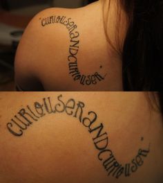 two pictures of the back of a woman's shoulder with cursive writing on it