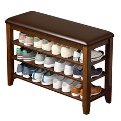 a wooden shoe rack with many pairs of shoes on it's sides and bottom shelf