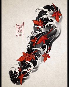 an artistic tattoo design with red flowers and leaves on the side of a white wall