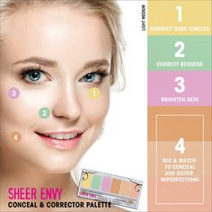 Sheer Envy Conceal & Correct Palette allows you to be in control of your concealer.... Custom blend the three hues of the sheer, blendable concealer to create the perfect match for your skin tone & use the color correctors, specific to your skintone, to neutralize discoloration and balance imperfections and skin concerns. The Palette delivers all day wear and is rich in Vitamin E and Blueberry Antioxidants for skin smoothing, protecting, and moisturization benefits. check it out at hardcandy.... Antioxidants For Skin, Face Forward, Color Corrector, Makeup Designs, Hard Candy, Best Face Products, Skin Concern, Color Correction, Strobing