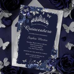 an elegant quinceauera party with blue roses and butterflies on the background is featured in this image