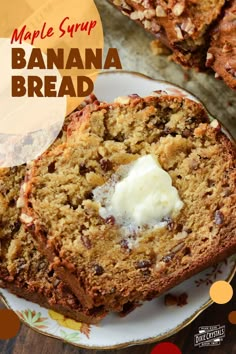 a close up of a banana bread on a plate