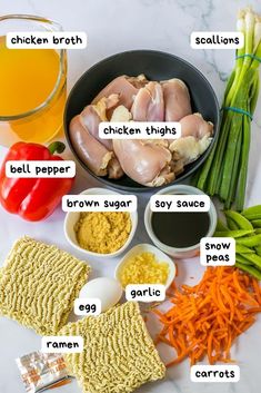 ingredients for chicken broth laid out on a white counter top with text overlay