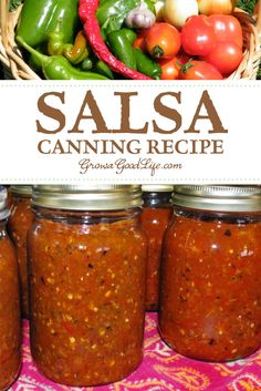 salsa canning recipe in mason jars with peppers and broccoli on the side for garnishing