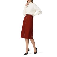 Orange wool (100% Virgin Wool). Skirt. Center bottom back zipper closure and belt. 26.5" from shoulder to hemline. Imported. Rent The Runway, Wool Skirt, Wool Skirts, High Waisted Skirt, Zipper, Wool, Skirt, Orange, Red