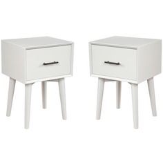 two white nightstands side by side with one drawer open and the other closed on both sides