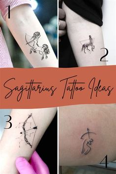 four different tattoos on the arms and arm, one with an arrow and another with a bow