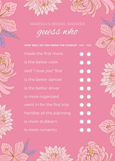 a pink floral bridal shower guess game