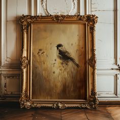 an oil painting of a bird sitting on top of a wooden floor next to a wall