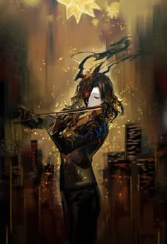 a digital painting of a woman with long hair holding a violin in front of a cityscape