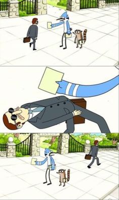 an animated image of a man holding a piece of paper in one hand and another cartoon character on the other