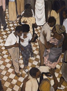 a painting of several people standing in a room with checkered flooring and white walls