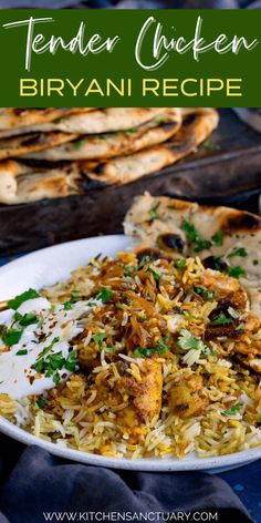 chicken biriyani recipe on a plate with pita bread in the background