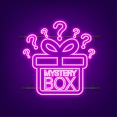 mystery box neon sign with question marks on the top and below it is a purple background