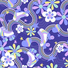 Roller skate disco party dark blue, purple mint and yellow , Raspberry Creek Fabrics Roller Skate Disco, Skate Posters, Disco Pattern, Mint And Yellow, Flowers Daisies, Dark Blue Purple, Galaxy Pattern, Homescreen Ideas, Purple Design