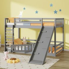 there is a bunk bed with a slide in the room