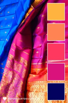 two different colors of sari with gold and blue on the bottom, one is pink