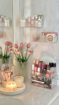 Clean Girly Bedroom, Aesthetic Pink Vanity, Bathroom Decor Skincare, Pink Bathroom Inspo Aesthetic, Bathroom Counter Aesthetic, Makeup Counter In Bathroom, Pink Girly Bathroom, Girly Apartment Decor Bathroom, Girly Bathroom Decor Ideas