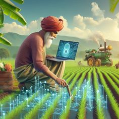 a man sitting in the middle of a field using a laptop computer with an image of a tractor behind him