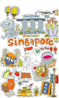 an illustrated poster with the words singapore written in different languages and pictures on it's side