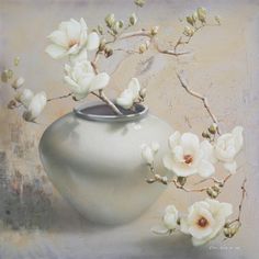 a painting of white flowers in a vase