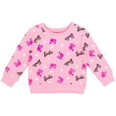 a pink sweatshirt with white stars on it and the words barbieo written in black