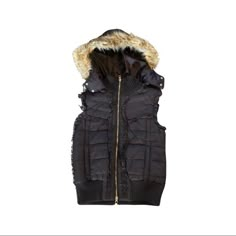 Nwt Y2k One A Brown Puffer Vest With Hood Great Deadstock - True Y2k Brown Zip Gold Hardware Removable Hood Faux Fur Hood Knit Back Two Front Zipper Pockets Ruffles Down Chest And At Arms Measurements Laying Flat Armpit To Armpit: 17 Length From Shoulder: 19.5 Fur Hood Vest, Y2k Hooded Winter Outerwear, Brown Puffer Vest, Puffer Vest With Hood, Brown Puffer, Hoodie Vest, Clothing Pieces, Hooded Vest, Fur Hood