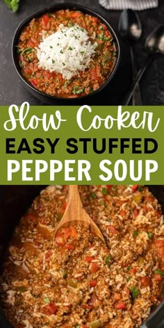 slow cooker easy stuffed pepper soup in a black pan