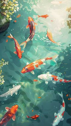 a group of koi fish swimming in a pond