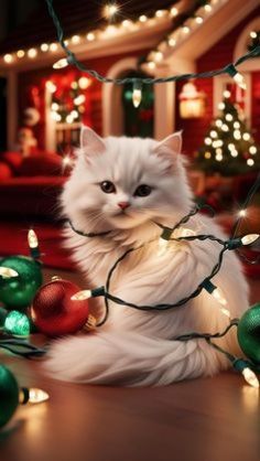 a white cat sitting on the floor surrounded by christmas lights