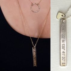 Custom Coordinate Vertical Sterling Silver Necklace Vertical Bar Necklace, Vertical Bar, Gps Coordinates, Silver Rose Gold, Bar Necklace, 14kt Gold, Name Necklace, Heart Charm