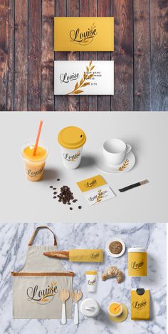 some food and drink packaging mockups on a wooden table with spoons, cups and bowls