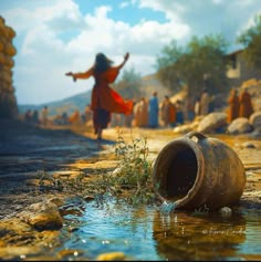 a woman walking down a dirt road next to a water hole and people in the background