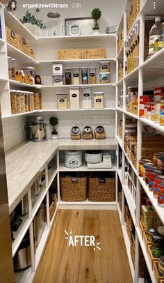 an organized pantry with white shelving and lots of baskets on the shelves, labeled after