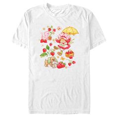 Who's ready for a berry special treat? You are! Enjoy sweet fashions with this officially licensed Strawberry Shortcake Berry Umbrella Men's Graphic T-Shirt. Your favorite greeting card-turned-pop culture sensation is here to win your heart with fun adventures in Strawberry-land. This awesome tee features the adorable Strawberry Shortcake alongside her pet Custard and Pupcake the dog, carrying a cute yellow umbrella and surrounded by various strawberries, flowers, and butterflies across the fron Strawberry Shortcake Custard, Animated Clothing, Umbrella Man, Yellow Umbrella, Fun Adventures, Cute Strawberry, Flowers And Butterflies, Treat You, Graphic Tee Design