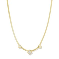 Crafted with princess cut crystals, the Hannah Chain Necklace will be your new favorite essential for elevated layering. It's versatile, sophisticated, and will add just the right amount of sparkle to your look. To preserve your fashion jewelry for years to come, agents such as soaps, perfumes, lotions, makeup, hair and cleaning products, and other chemical contact should be avoided. Take care to remove jewelry before showering, sleeping, exercising or swimming. Kendra Scott is known for its des Accessories Jewelry Necklace, Multi Strand Necklace, Makeup Hair, Gold Pendant Necklace, Gold Pearl, Cleaning Products, Strand Necklace, Kendra Scott, Princess Cut