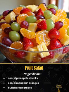 fruit salad ingredients in a glass bowl with information about the ingredients and how to make it