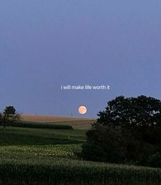 the full moon is setting over a field with trees and grass in front of it