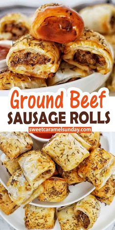 ground beef sausage rolls stacked on top of each other with sauce in the middle and another plate full of them