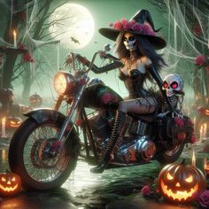 a woman riding on the back of a motorcycle next to pumpkins and candles in front of a full moon