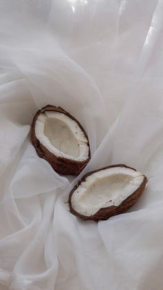 two pieces of coconut sitting on top of white fabric